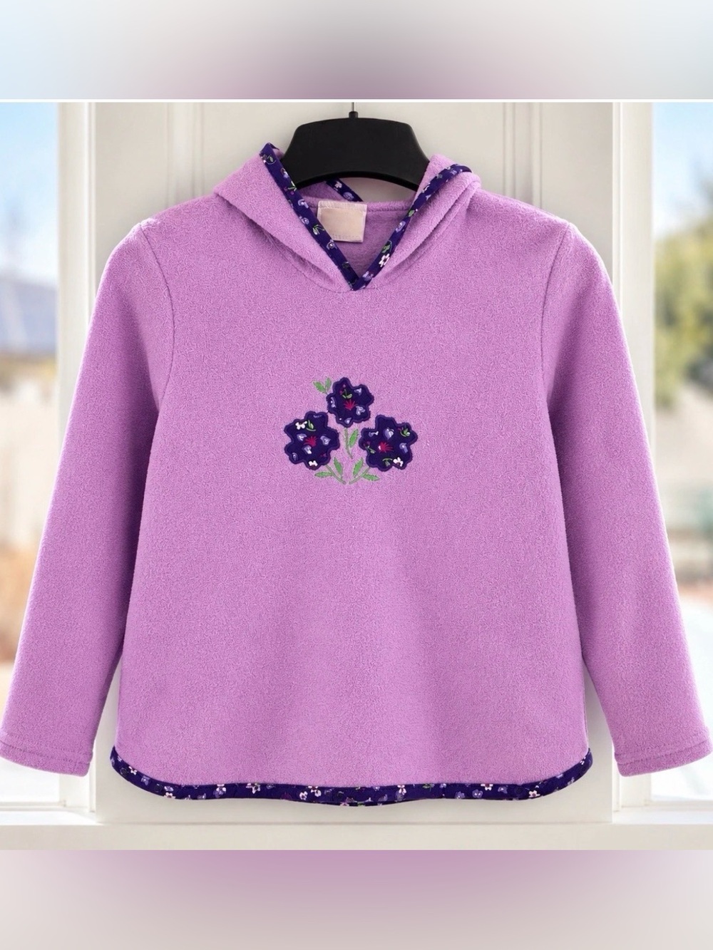 Vintage Y2K Expressions Girls Purple Floral Fleece Hoodie Pullover Size 6 USA
